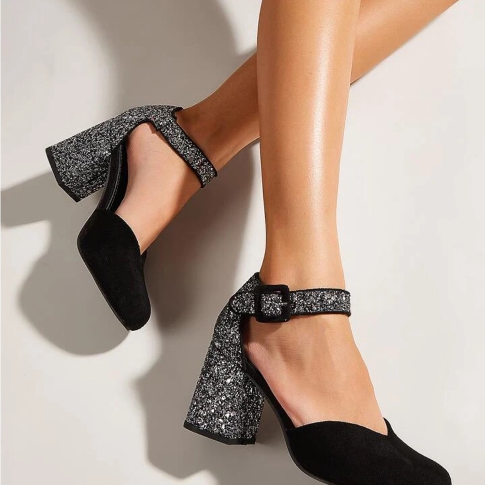 Glitter Decor Chunky Heeled Ankle Strap Pumps